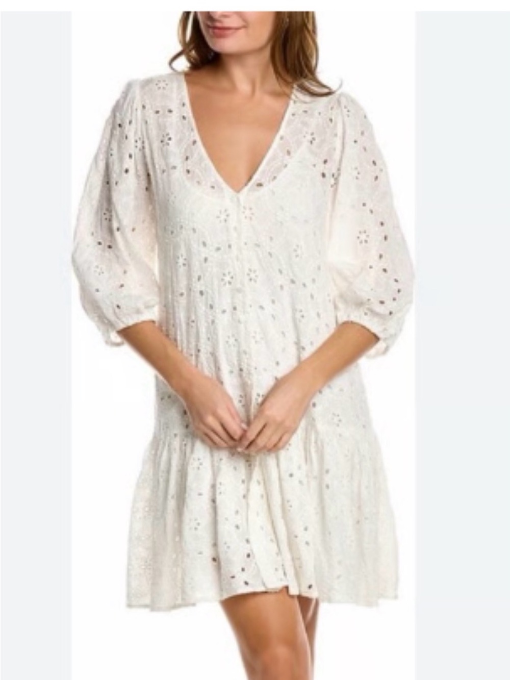 Johnny Was Eyelet V-Neck Tunic Dress in Cream